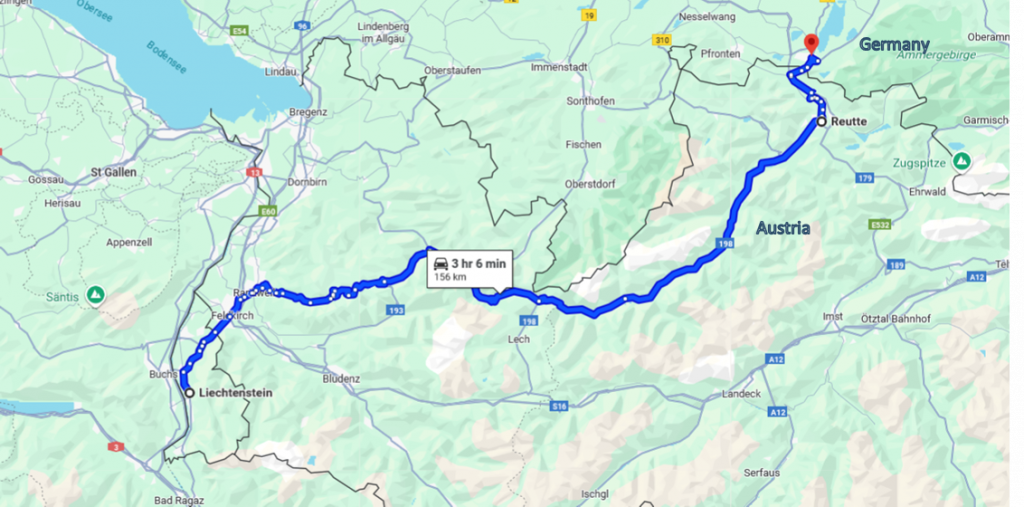 Map of the route from Liechtenstein to Fussen
