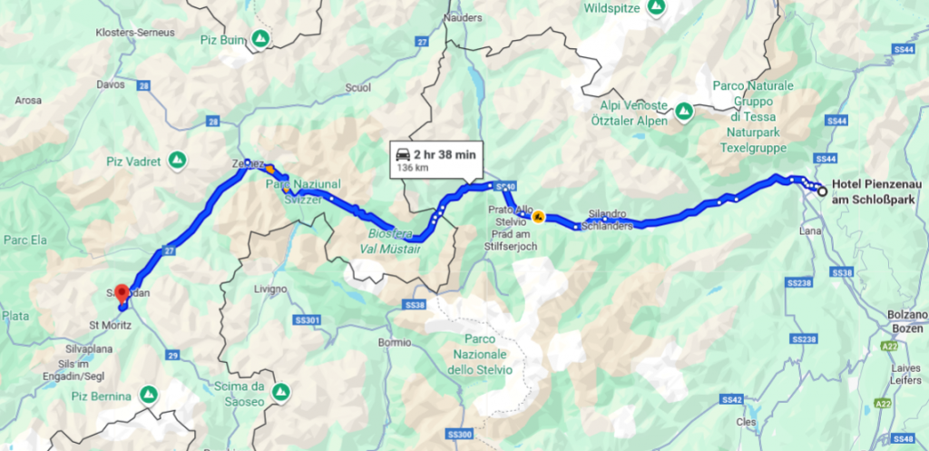 Map from Merano to St Moritz
