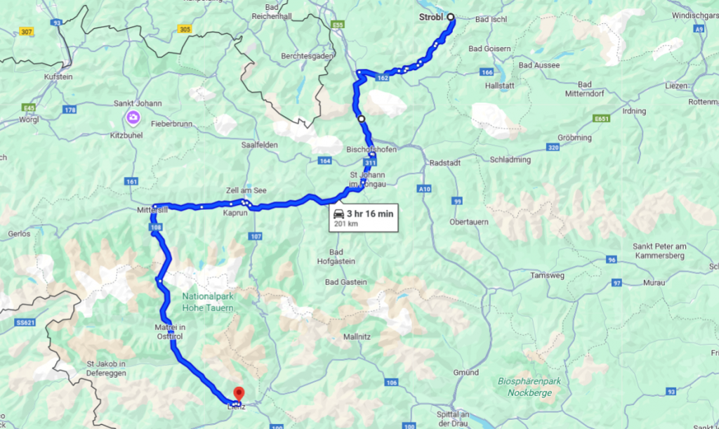Map of drive from Strobl to Lienz Austria