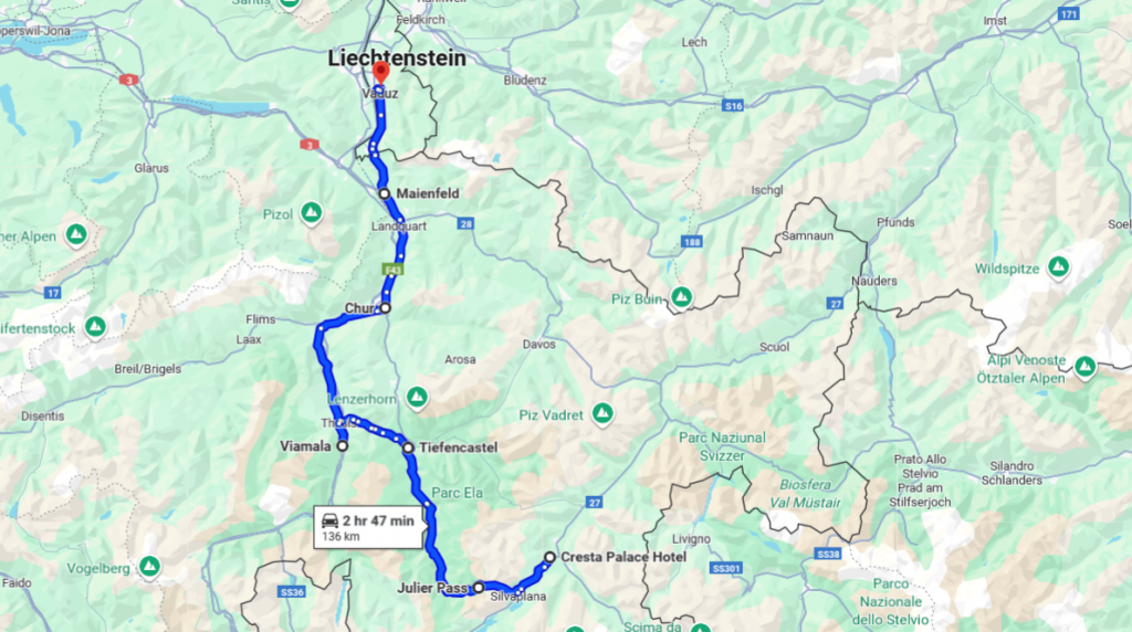 Map of the route from St Moritz to Leichtenstein